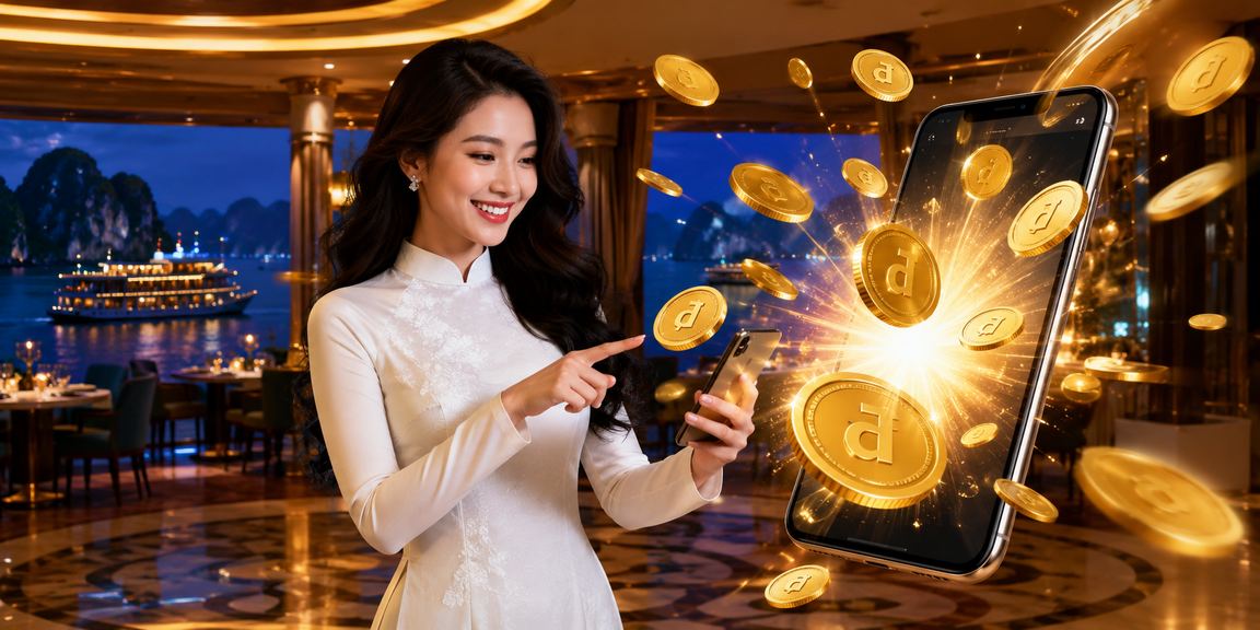 Khung cảnh Vịnh Hạ Long buổi chiều với hình ảnh người dùng xem thông tin cá cược an toàn trên thiết bị di động